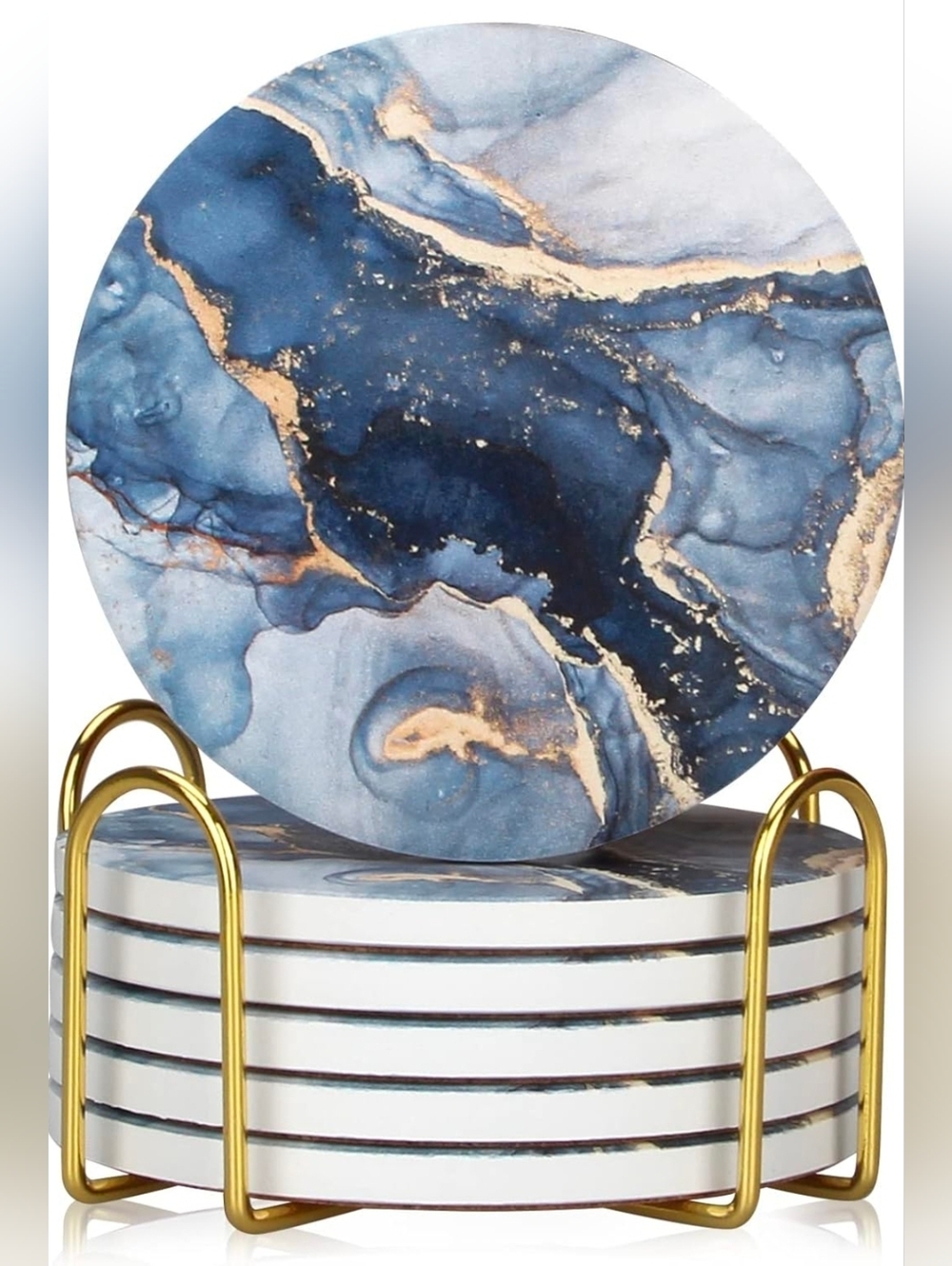 Blue Marble Gold Accent Round Coaster Set